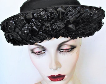 Vintage 1960's Hat Black Straw & Chiffon Breton Hat Sailor Style Upturned Brim Mid Century Fashion **Scroll down for details