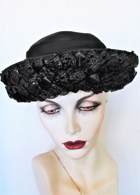 Vintage 1960's Hat Black Straw & Chiffon Breton Ha