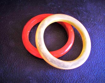 Vintage 1940's 50's Bakelite Bracelets Pair Translucent Butterscotch & Marbeled Red Orange Bakelite Bangles **Scroll down for details