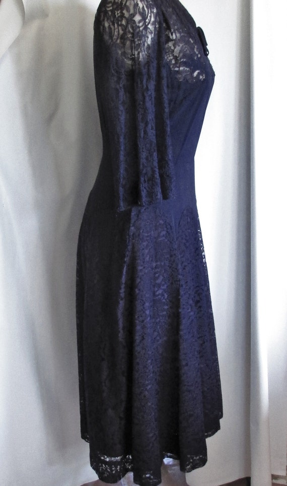 Vintage 1940's 50's Dress Blue Crepe w Lace WW2 F… - image 5