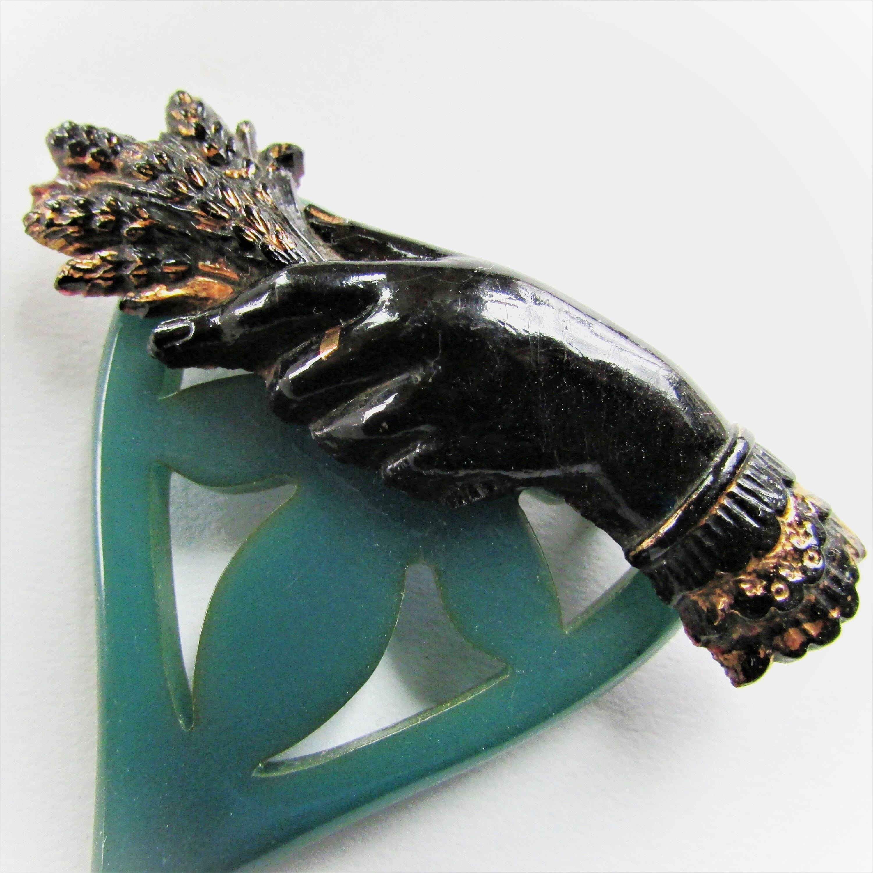 Broche Ancienne Rectangulaire – Peinte à La Main, Noir Et Fleurs – Années 1910-1930