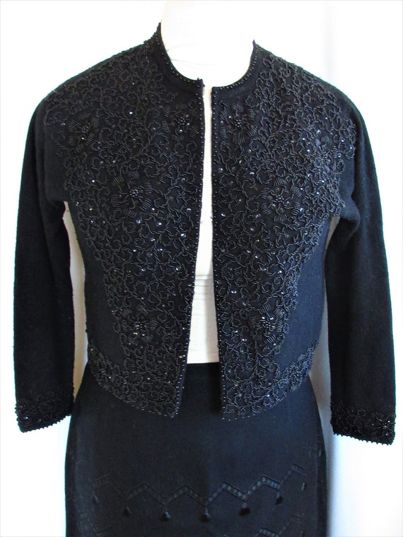 Vintage 1960's Sweater Beaded Black Lambswool Ang… - image 1