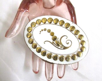 Vintage 1930&#39;s Powder Compact Rex Fifth Avenue Oval weiße Emaille & goldfarbenes Blumenmotiv ** Blättern Sie nach unten für Details