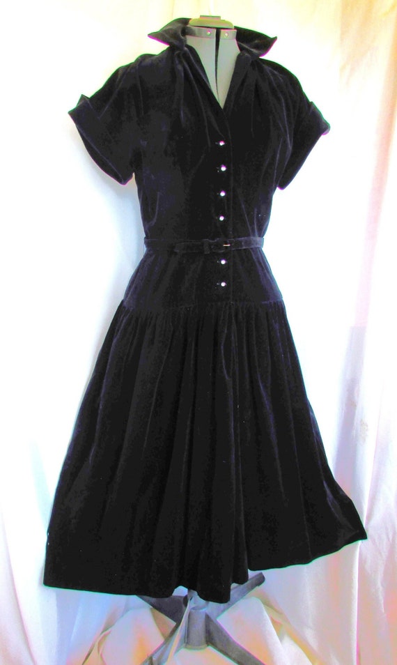 Vintage 1950's 60's Dress Black Velveteen New Look
