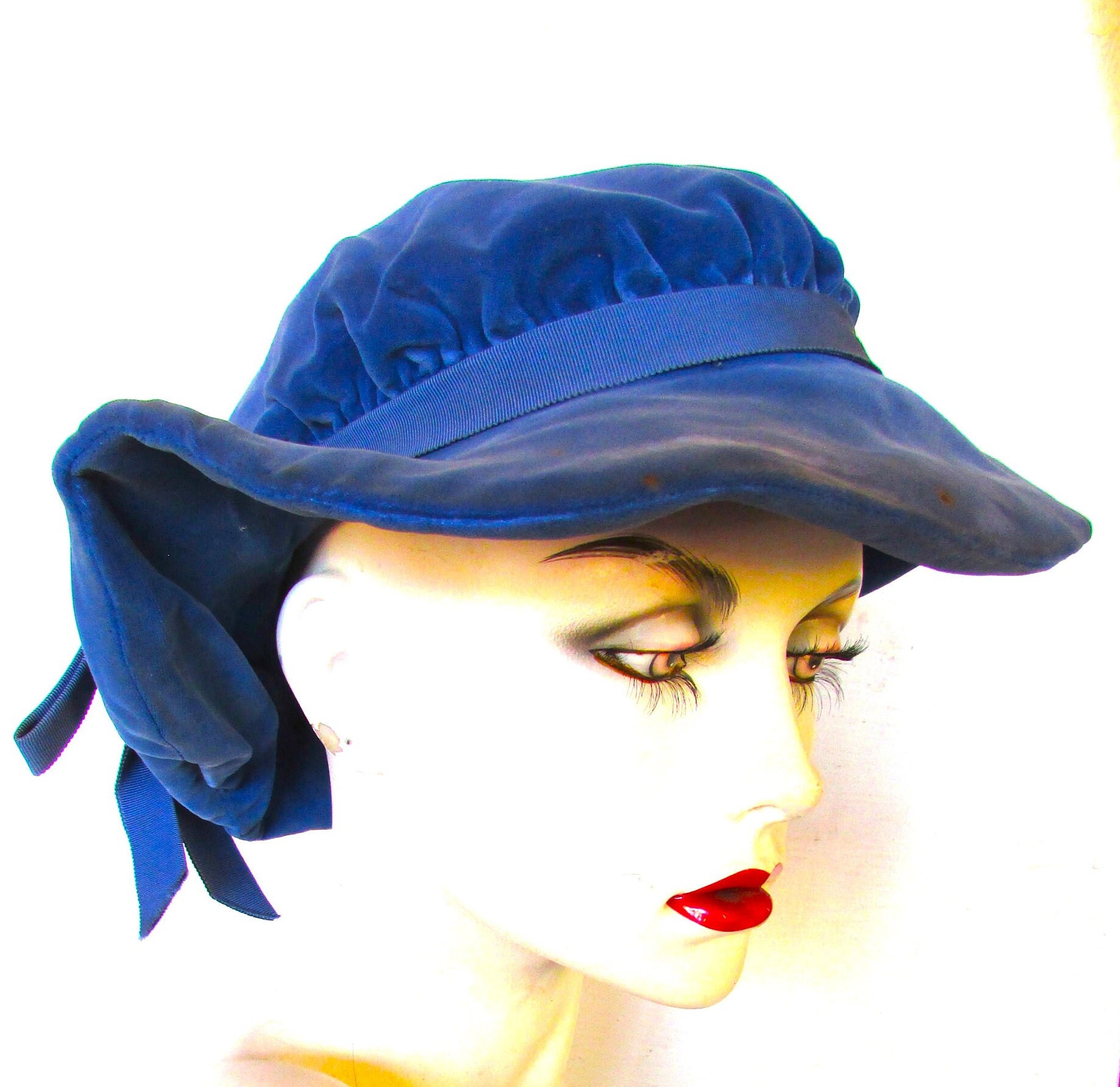 Vintage Bright Blue Velvet Hat with Floppy Brim Womens Wide Brim Hat in Warm Fleece with Velvet Hat Band  main image 3