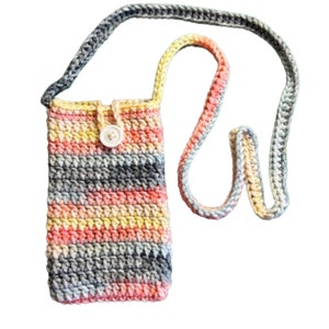 Crochet Crossbody Cell Phone Bag: Coral, Yellow, Gray Pouch