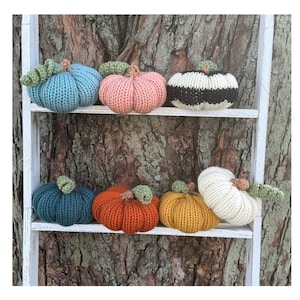 May include: A collection of seven crocheted pumpkins in various colors including light blue, pink, black and white striped, dark teal, orange, yellow, and cream, each featuring a small green crocheted stem and leaf detail.