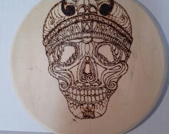 Hand Drawn Woodburning/Pyrography Plaque - Ornate Skull