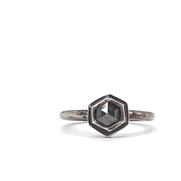 Distressed Sterling Silver Ring with Hexagon Salt and Pepper Diamond