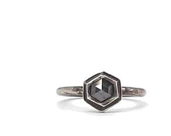 Distressed Sterling Silver Ring with Hexagon Salt and Pepper Diamond