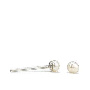 May include: A pair of pearl stud earrings with silver posts. The pearls are small and round.