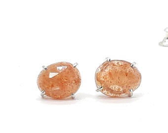 Natural Sunstone Sterling Silver Earrings, Peach Oval Studs