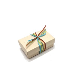 Pu&ograve; includere: Una piccola scatola regalo rettangolare di colore beige chiaro, legata con un nastro colorato. Il nastro presenta strisce blu, verdi, marroni e rosse. La scatola &egrave; chiusa con un fiocco.