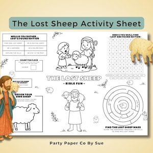 May include: Activity sheet titled "The Lost Sheep" with illustrations and activities. Includes a maze, word search, and drawing prompts. Features a shepherd, sheep, and the text "Bible Fun."