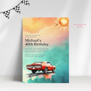 40th Birthday Invitation Template INSTANT DOWNLOAD Muscle Car Milestone, Classic Watercolor, Printable Digital, Forty Invite, 5x7 VBB