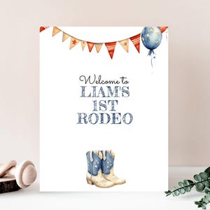 1st Rodeo Birthday Party Welcome Sign Template INSTANT DOWNLOAD Editable, Cowboy, Printable Western Digital, Blue Boots, Balloons 18x24 FRBB