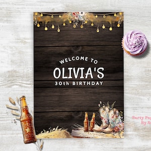 Western Birthday Welcome Sign, Editable Western Birthday Poster, Cowboy Hat,  INSTANT DOWNLOAD, Cowgirl Sign, Beer, Boho WEBEBO