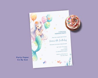 編集可能なマーメイド招待状テンプレート 即時ダウンロード 水彩画 海の中の誕生日パーティー 印刷可能な女の子の招待状 デジタル招待状 5x7 MBB