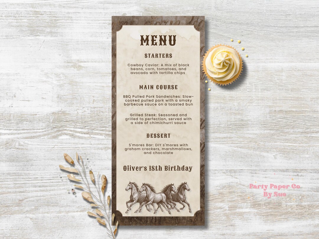 Western Birthday Party Menu Template INSTANT DOWNLOAD Digital Download ...
