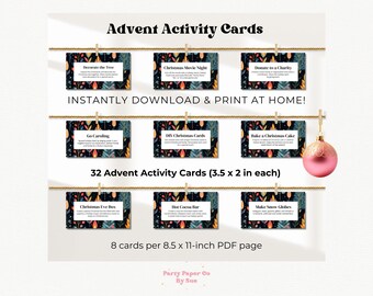 May include: A set of 32 printable Christmas advent activity cards with a festive floral design. The cards are 3.5 inches by 2 inches and are printed on 8.5 by 11-inch PDF pages. The cards feature activities such as decorating the tree, watching Christmas movies, and baking a Christmas cake.