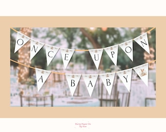 Once Upon A Baby Storybook Baby Shower Bunting New Chapter INSTANT Download, Digital Template, Party Banner Neutral, Fox, Book, 5x7 BS03