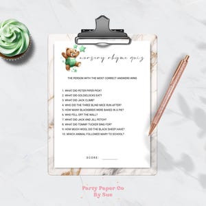 Baby Shower Game Nursery Rhyme Quiz Green Bear Printable INSTANT DOWNLOAD Party Fun, Activities, Digital, Customizable, Stars, Blue 5x7 BS09