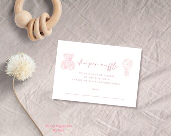 Modelo de cartão de rifa de fraldas para chá de bebê, toile floral rosa, DOWNLOAD INSTANTÂNEO, editável, digital, para impressão, festa, menina, balão de urso 5x3,5 BS07
