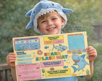 Shark Birthday Activity Placemat Printable PDF, Instant Download, Kids Party Games, Coloring, Jokes, Under The Sea SBB