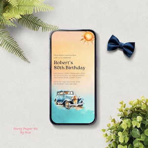 Peut inclure: Une invitation d'anniversaire bleue et blanche avec une illustration de voiture ancienne. L'invitation est pour le 80e anniversaire de Robert et est prévue un samedi de février. L'invitation comprend l'heure, le lieu et les informations de RSVP.