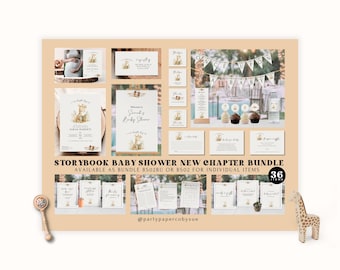 Storybook Baby Shower Bundle New Chapter INSTANT Download Digital Templates, Neutral Shower Set, Giraffe, Book, Invitation Party Decor BS02
