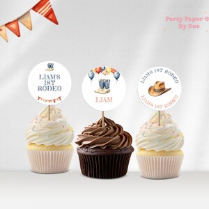 Cupcake Toppers Template 1st Rodeo Birthday INSTANT DOWNLOAD Editable, Cowboy, Printable, Digital Customizable Blue, Favor Stickers 2x2 FRBB