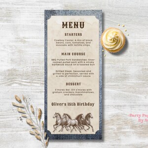 May include: A rustic menu card with a denim-style border, featuring a menu for a birthday celebration. The menu includes starters, main courses, and dessert options. The bottom of the card displays running horses and the text "Oliver's 18th Birthday."