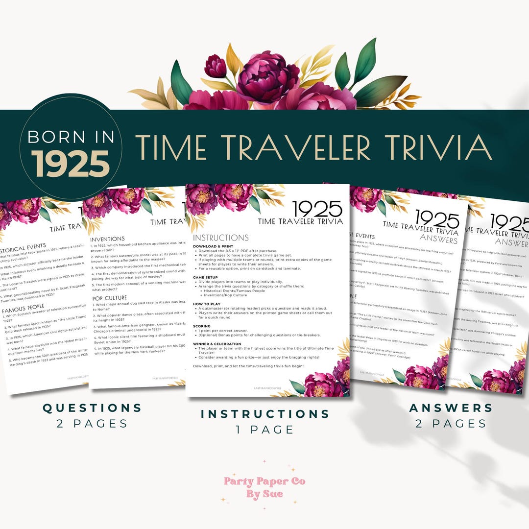 Time Travel Questions 1925 Time Traveler Trivia Printable Game, Milestone Birthday Party Quiz ...