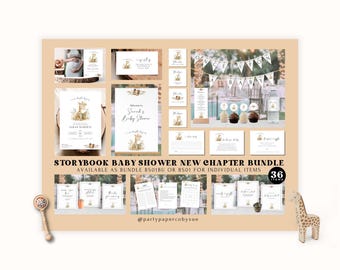 Storybook Baby Shower Bundle New Chapter INSTANT Download Digital Templates, Neutral Shower Set, Giraffe, Book, Invitation Party Decor BS01