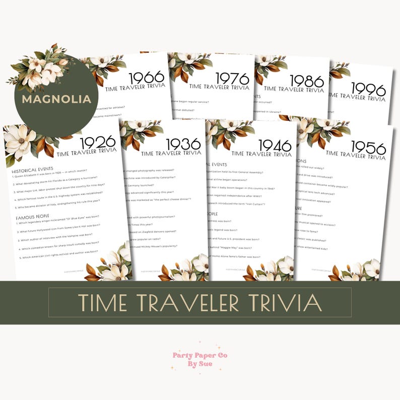 Time Travel Questions 1966 Time Traveler Trivia Game, Milestone Birthday Quiz (PDF) Magnolia ...