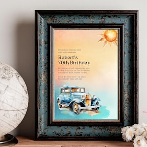 Peut inclure: Une invitation de style vintage pour un 70e anniversaire. L'invitation représente une voiture bleue, un soleil et le texte "Robert's 70th Birthday". Le texte comprend également la date, l'heure et le lieu de la fête.