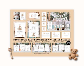 Storybook Baby Shower Bundle New Chapter INSTANT Download Digital Templates, Neutral Shower Set, Fox, Book, Invitation Party Decor BS03
