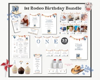 My First Rodeo Birthday Invitation Template Bundle INSTANT Download, Wild West Party Package, Cowboy, Bunting, Menu, Cupcake Toppers FRBB