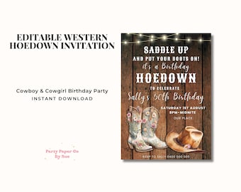 Editable Western Hoedown Birthday Invitation | Cowboy Cowgirl Party Invite | Rustic Western Birthday Printable | Instant Download WEHDA