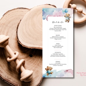 Menu Template Baby Shower Blue Star INSTANT DOWNLOAD T Digital, Customizable, Printable, Event, Party Food, Pink, Boy, Girl, Bear 4x9 BS08