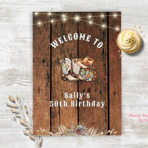 Western Birthday Welcome Sign, Editable Western Birthday Poster, Cowboy Hat,  INSTANT DOWNLOAD, Cowgirl Sign, Hoedown 18x24 Flowers WEHODA
