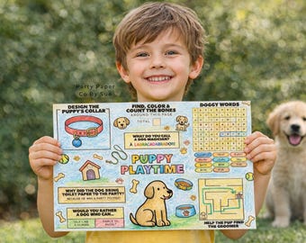 Printable Dog Activity Placemat for Kids, INSTANT Digital Download PDF, Puppy Party Coloring Sheet DGA