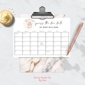 May include: A printable baby shower game featuring a calendar for guests to guess the due date of Baby Williams. The calendar covers June, July and August. The game has a pink and white floral design with a cute baby angel illustration.