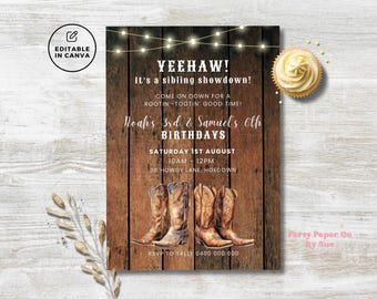 Geschwister Geburtstagseinladung Western Cowboy Party einladen INSTANT Download, gemeinsame Feier Vorlage Digital Printable Canva Boots WESB02
