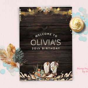 Western Birthday Welcome Sign, Editable Western Birthday Poster, Cowboy Hat,  INSTANT DOWNLOAD, Cowgirl Sign, Boho WEBODW