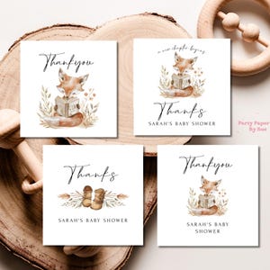 Bedankkaart babyshower verhalenboek nieuw hoofdstuk sjabloon INSTANT DOWNLOAD bewerkbare, afdrukbare evenement briefpapier, Fox, vierkant 2 x 2 BS03
