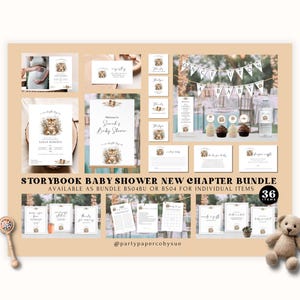 Storybook Baby Shower Bundle New Chapter INSTANT Download Digital Templates, Neutral Shower Set, Tiger, Book, Invitation Party Decor BS04