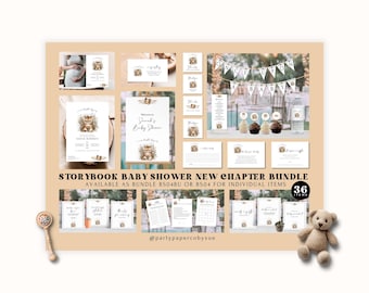 Storybook Baby Shower Bundle New Chapter INSTANT Download Digital Templates, Neutral Shower Set, Tiger, Book, Invitation Party Decor BS04