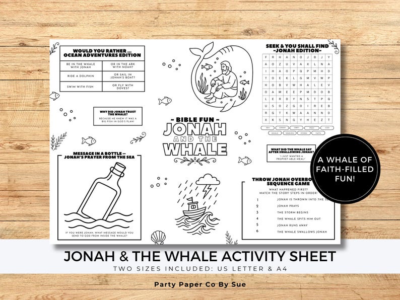Jonah and the Whale Activity Sheet Printable PDF INSTANT Digital ...