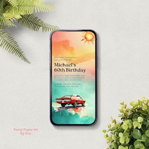 Modèle de texte d'invitation pour 60e anniversaire, téléchargement immédiat, numérique, jaune, bleu, muscle car, classique, SMS d'étape 1125 x 2436 VBB